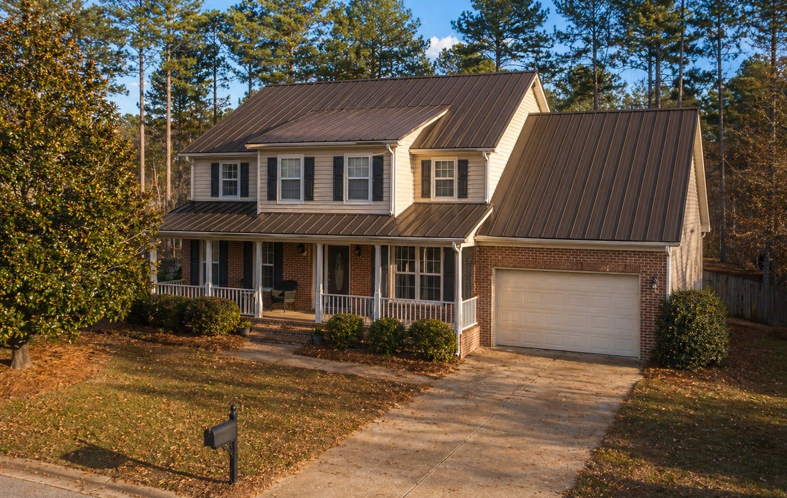 Dark brown exposed fastener metal roof on a Huntersville home